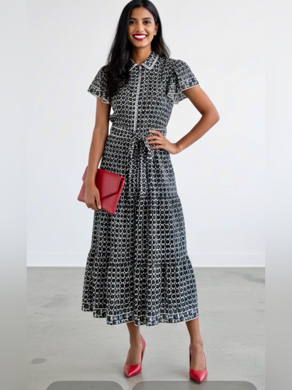 MAX STUDIO LONDON Midi/Maxi Dress Black/White Tiered Ruffle Piping Collar. Easy!
